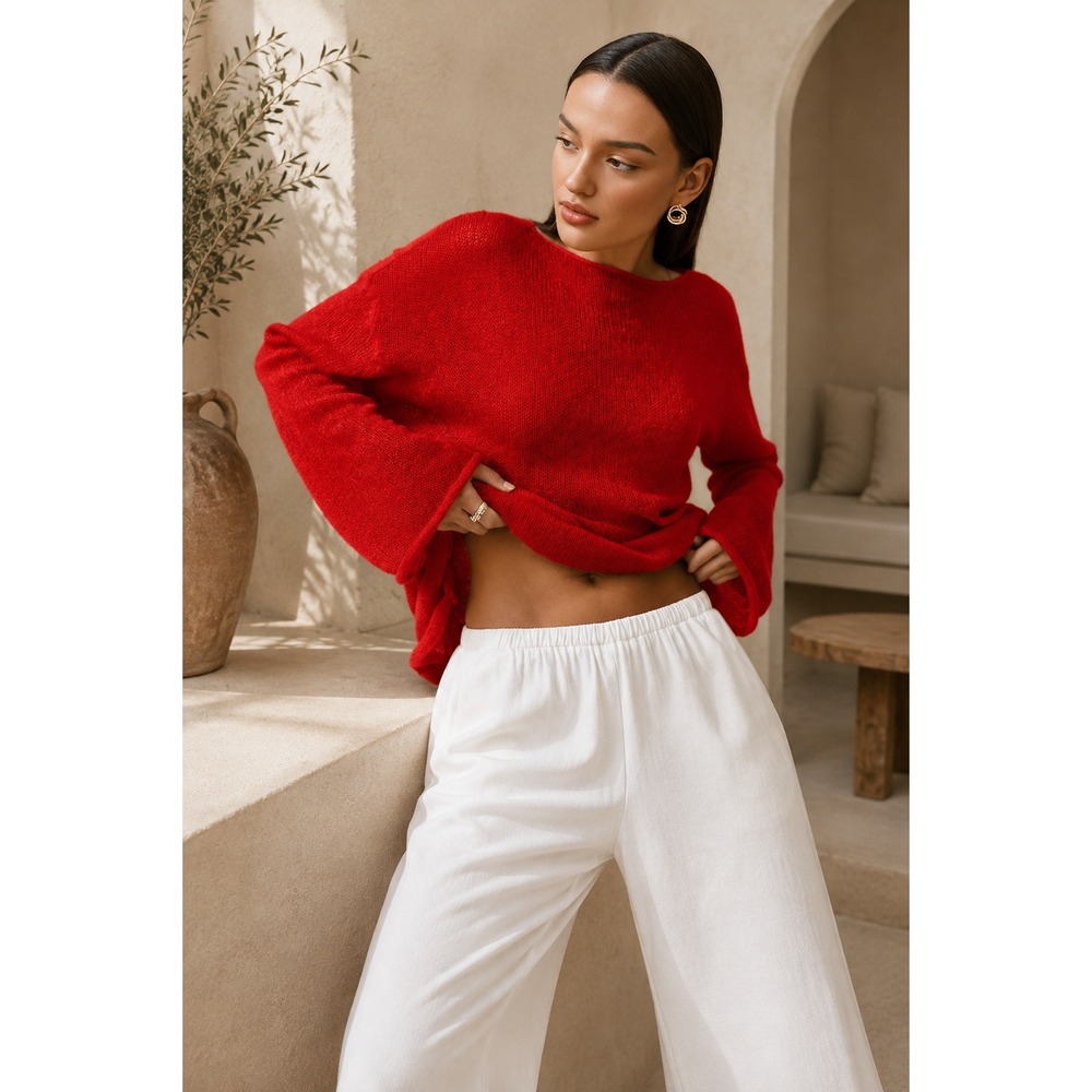Commense Red Boat Neck Open Knit Sweater Lightweight Relaxed Fit Size M